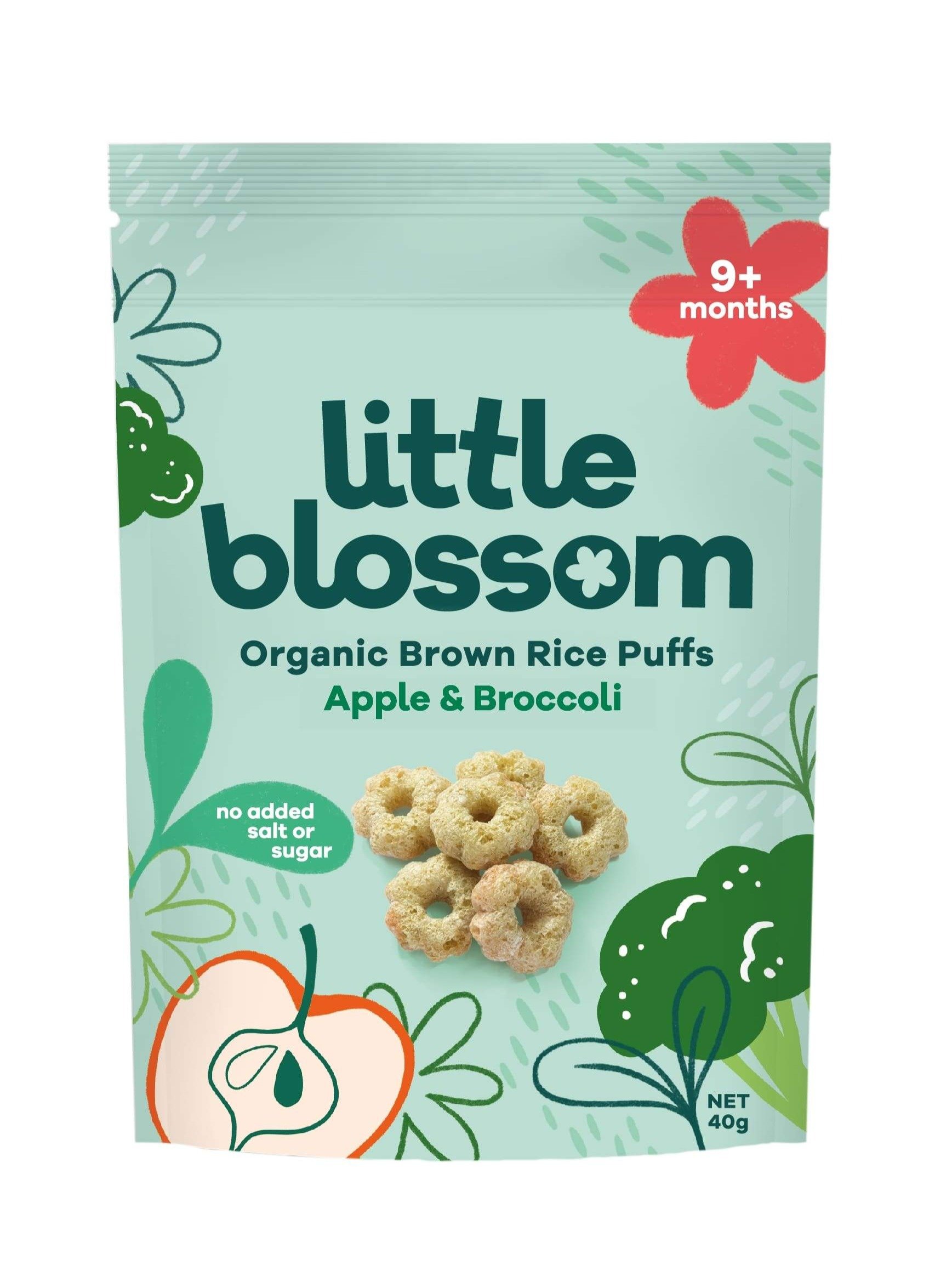 Little Blossom Baby Organic Brown Rice Puffs Apple & Broccoli Flavour Halal Certified 40g | Baby Snack Food