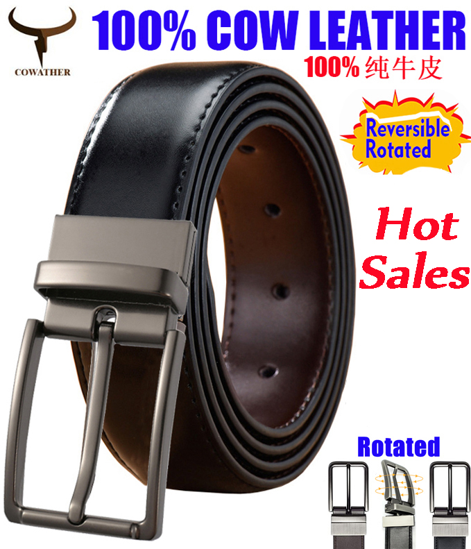 COWATHER Men Reversible 3.3cm Leather Casual belts with Genuine Leather Classic Belt for Men Dress Fashion Everyday Sport belts. One Belt Double-sided Colors Rotated to wear