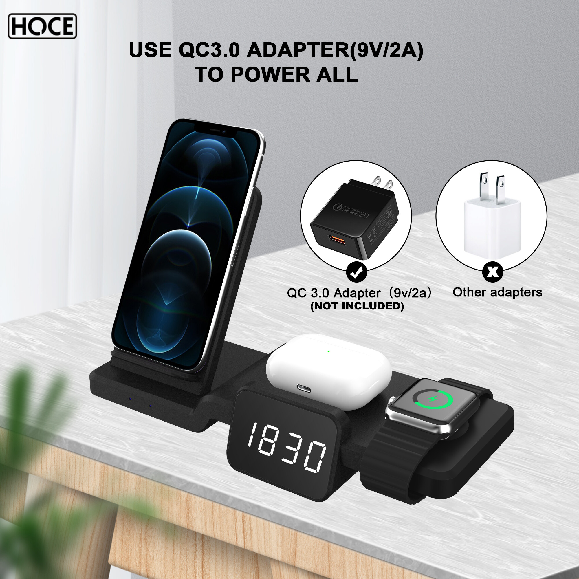 HOCE 5 in 1 Wireless Charger Fast Charging Dock Station with Clock Time Display For iPhone AirPods iWatch 6 SE Wireless Charger Stand