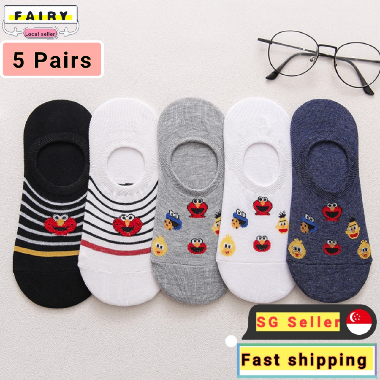 (SG Seller) 5 Pairs Women Socks Cute Sesame Street Anime Socks cotton Cartoon Pattern Summer invisible Socks women Casual Lady Happy Socks for girls