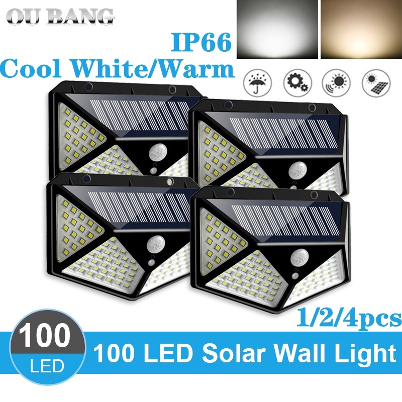 OU BANG 2/1pcs 100 LED Solar IP66 Waterproof Light Outdoor Cool White or Warm White Solar Light Motion Sensor Night Security Wall Light Energy Saving Garden Gate Courtyard