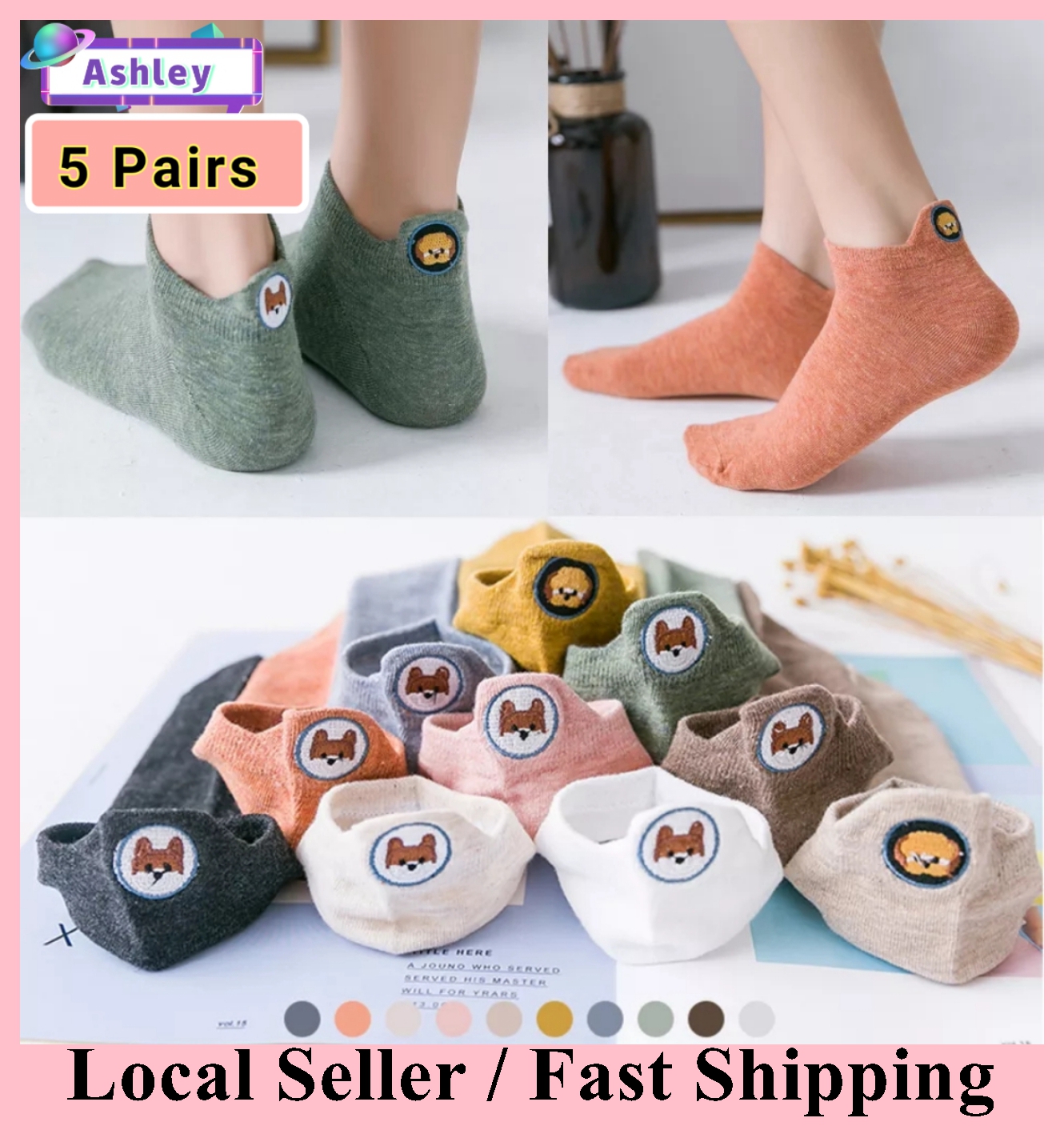 (SG Seller) Women Funny Ankle Socks Embroidered Animal Pug Cute Socks Kawaii Cartoon Candy Color Breathable Cotton Boat Socks