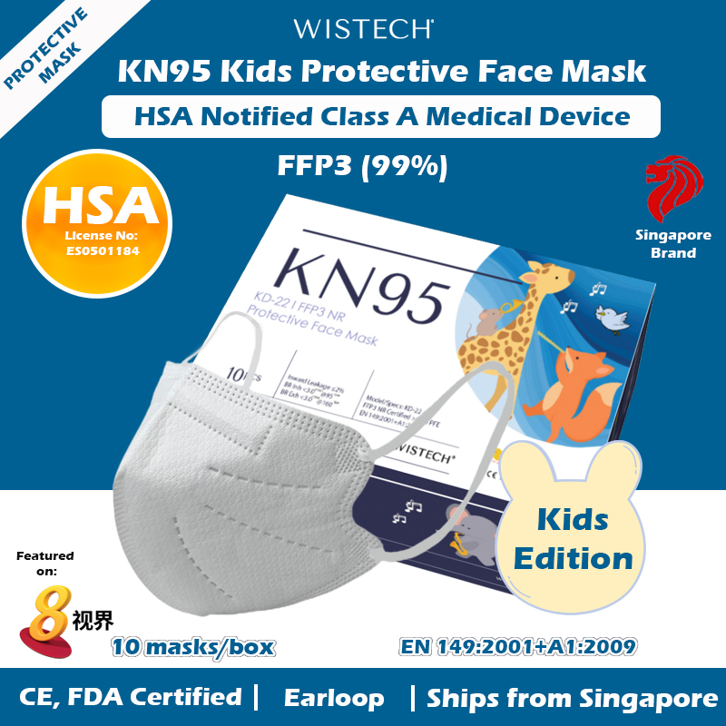 [HOT SALE!!] (White) Wistech KN95 Kids Protective Face Mask, 10 pieces, HSA Notified Medical Device FDA CE Approved,FFP3 (99%), Singapore Ready Stock
