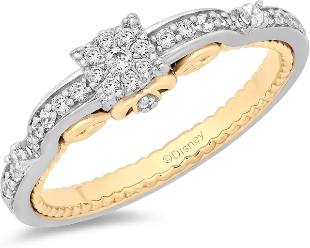 Jewelili Enchanted Disney Fine Jewelry 14K White and Yellow Gold 1/4 Cttw Diamond Cinderella Promise Ring
