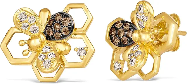 LE VIAN 1/3 Carat Chocolate Diamond Honey Bee Stud Earrings for Women in 14k Yellow Gold (White/Brown, cttw)