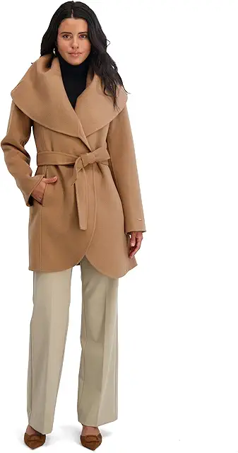 TAHARI womens Double-faced Luxury Soft Wool Blend Peacoat Removable Belt Wool Coat Oversized Collar