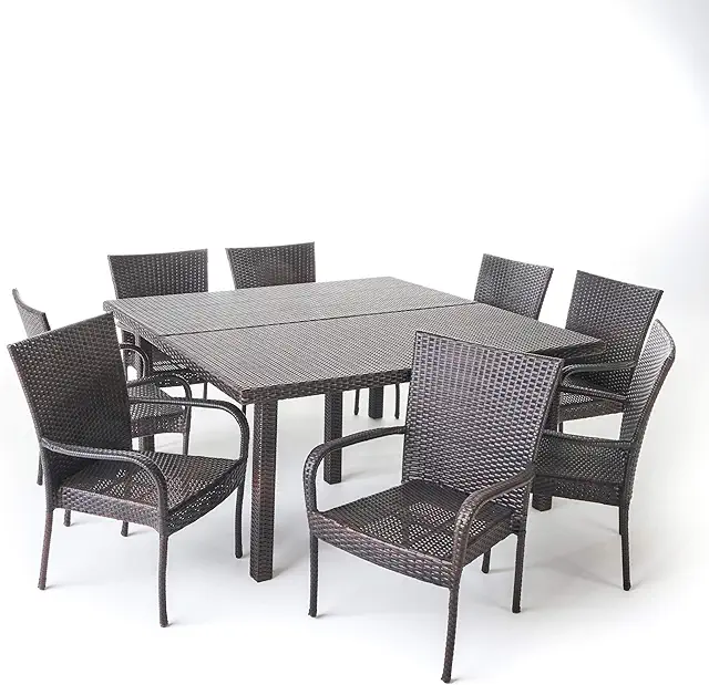 Fiona Outdoor Stacking Wicker Square Dining Set, 9-Pcs Set, Multibrown